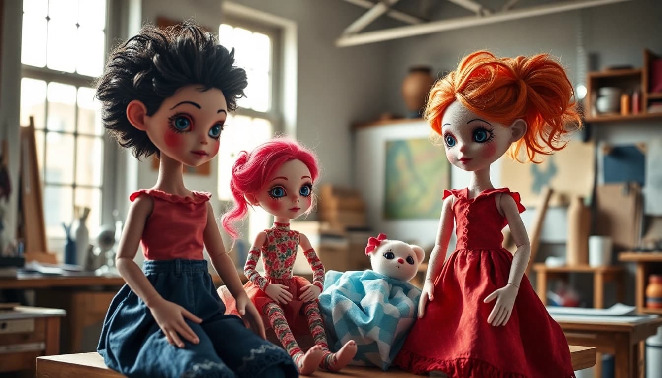 Gestalte einzigartige Gutdolls in einem kreativen Atelier mit faszinierenden Details.