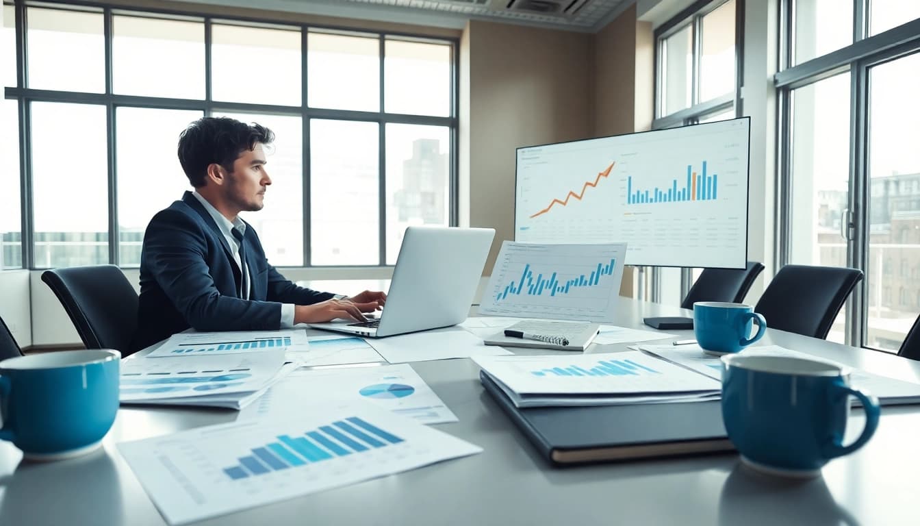 Indexfonds analysieren mit Diagrammen und Grafiken in einem modernen Büroszenario.