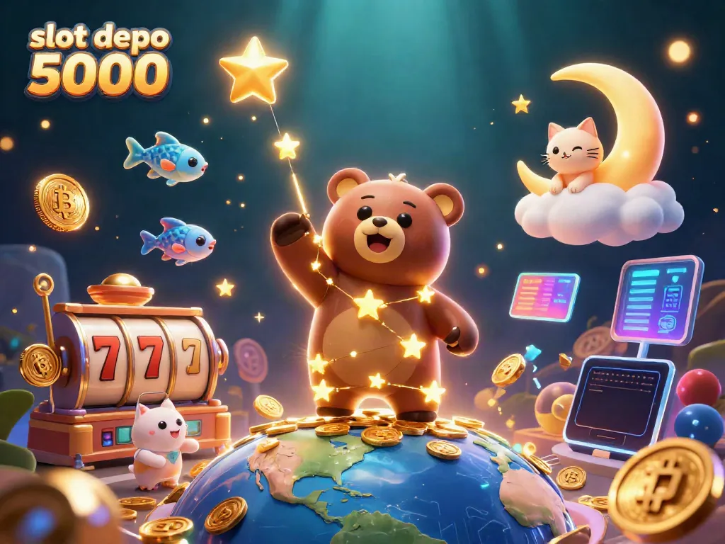 Engage in playful gaming with slot depo 5000, adorned with vibrant cosmic characters and dynamic slot elements.