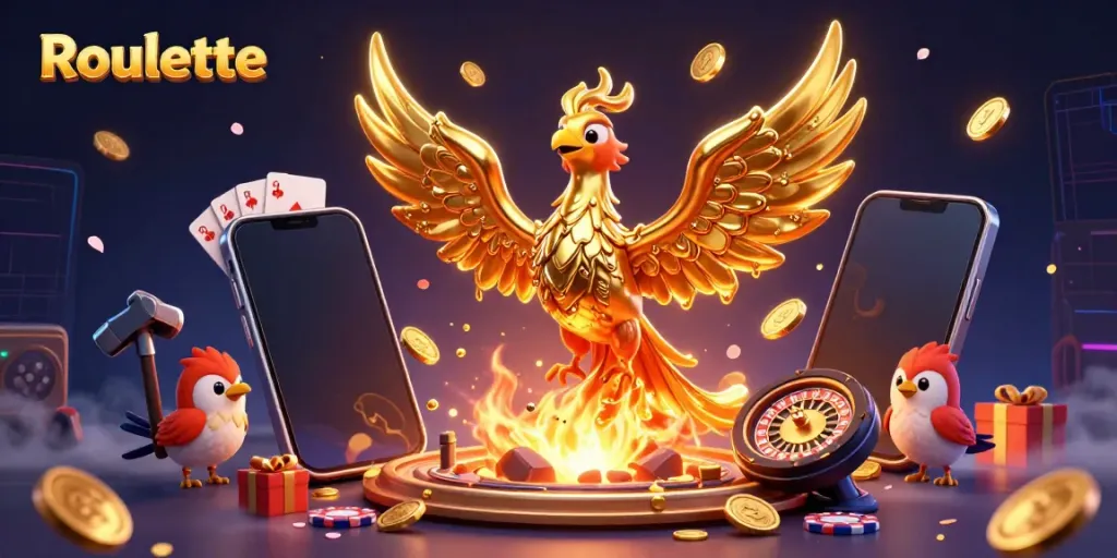 Engage with exhilarating Roulette gameplay as a golden phoenix symbolizes winning strategies and rich rewards.