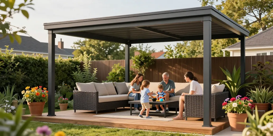 Moderne freistehende Terrassenüberdachung im Garten mit Familie und Pflanzen.