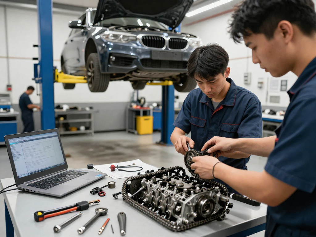 bmw steuerkette wechseln in einer professionellen Werkstatt mit Technikern, die an einem Motor arbeiten