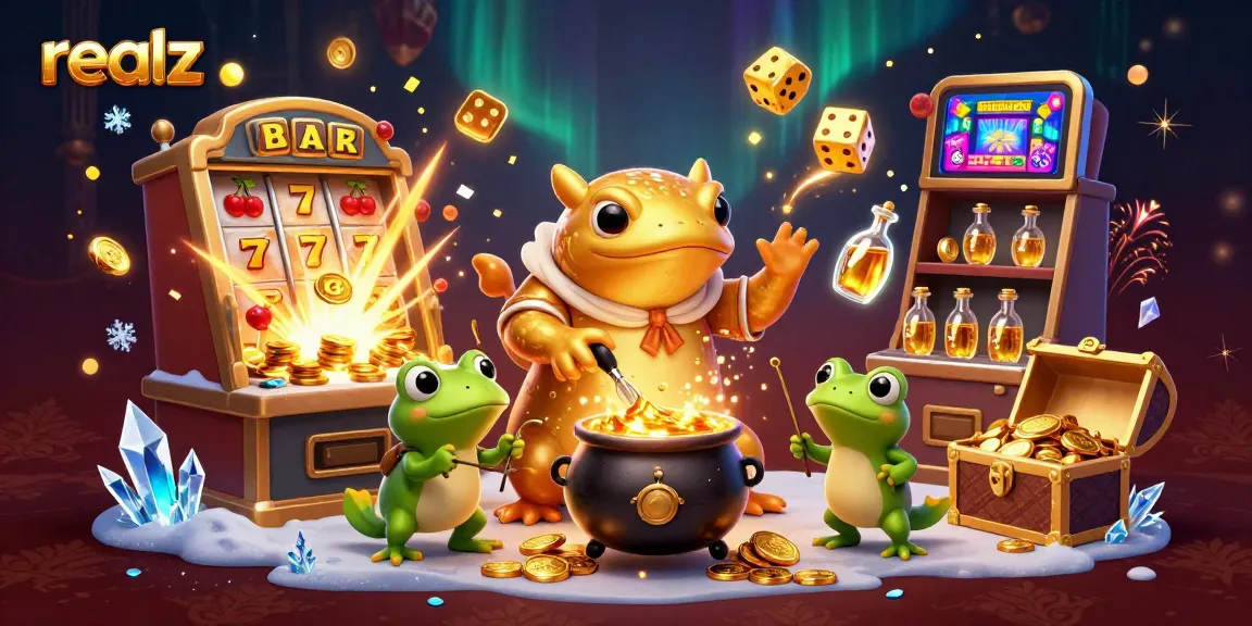 Win big with realz in a magical casino scene featuring a golden salamander alchemist.