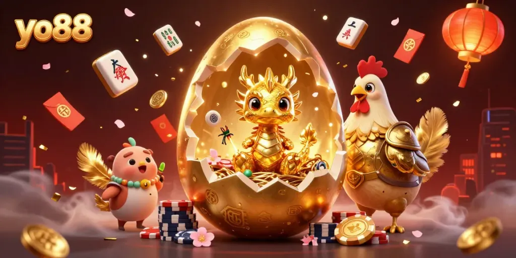 Dive into yo88's vibrant gaming world with a spectacular golden dragon amidst casino treasures.