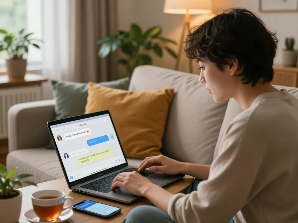 Engaging in sex ai chat with chatbot in a cozy home setting.