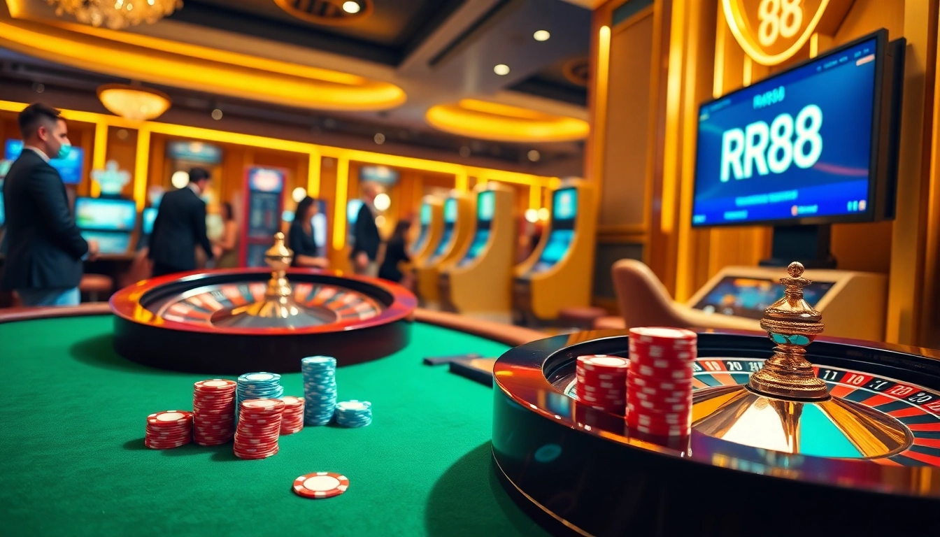 Engaged players strategizing their bets at RR88 casino tables with vibrant poker chips.