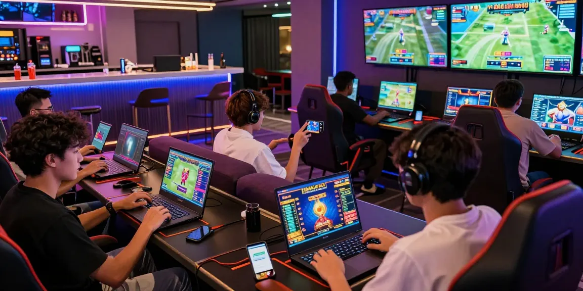 Exciting gaming lounge with players enjoying NHÀ CÁI MMOO online betting games creating a vibrant atmosphere.