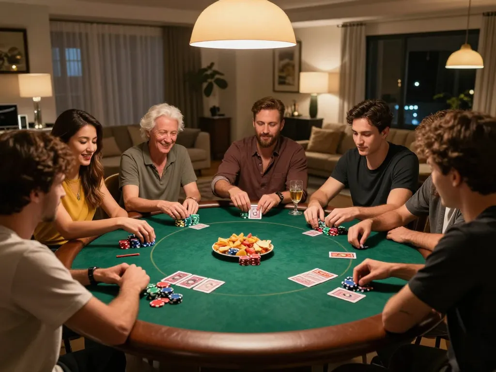 Home poker night with friends playing at a round table, enjoying chips and drinks, highlighting hz88 gaming experience.