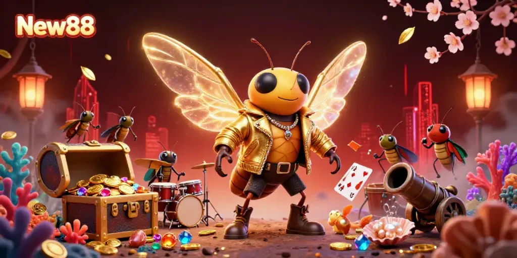 Engage with New88's vibrant casino scene featuring a cicada rock star and treasure-filled underwater elements.