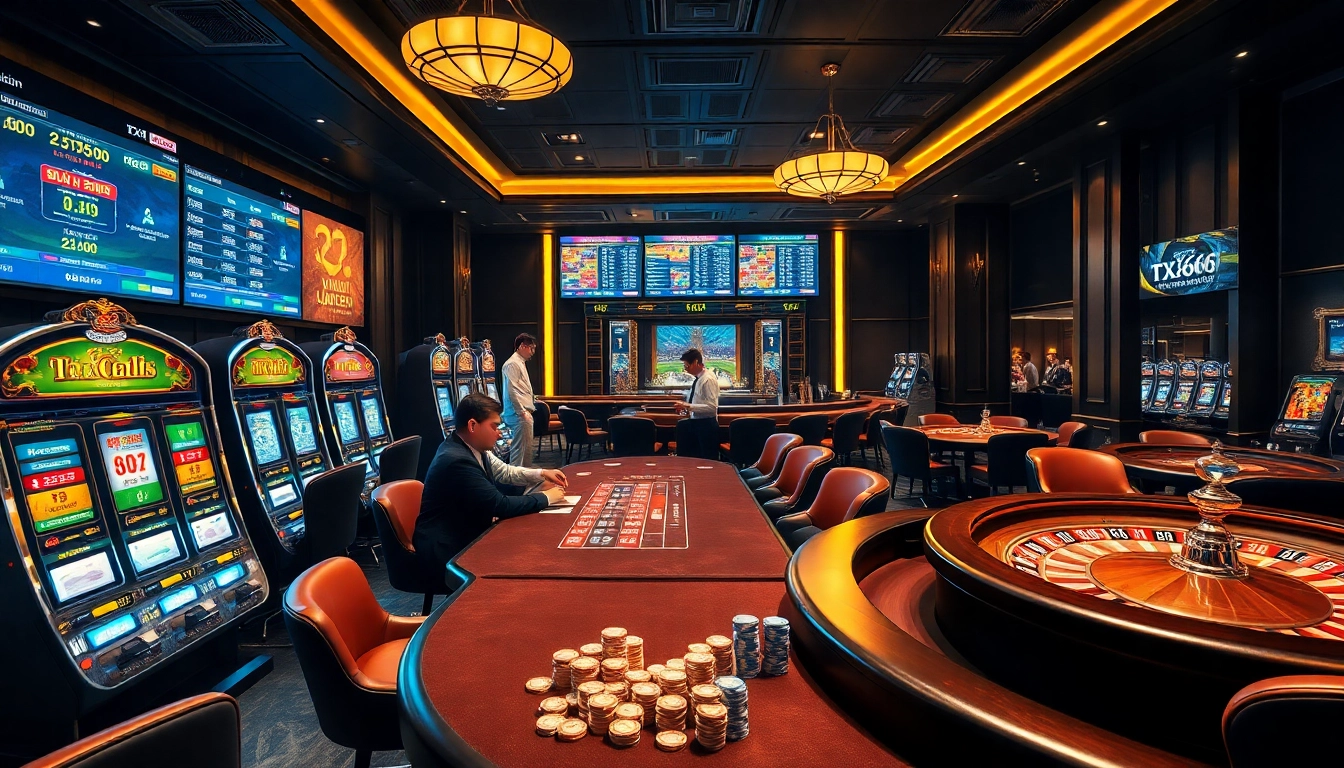 Nhà cái TX666 poker table with players and slot machines, exemplifying live casino excitement.