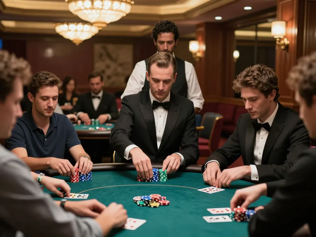 Players engaged in a thrilling F168 poker game at a luxury casino, showcasing strategic gameplay.