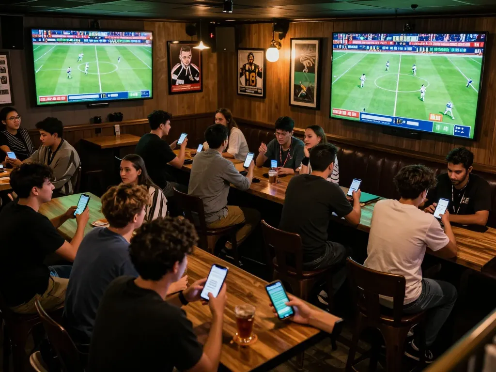 Fans engaging in sports betting at a lively bar while watching matches on screens, showcasing the excitement of trang cá cược bóng đá.