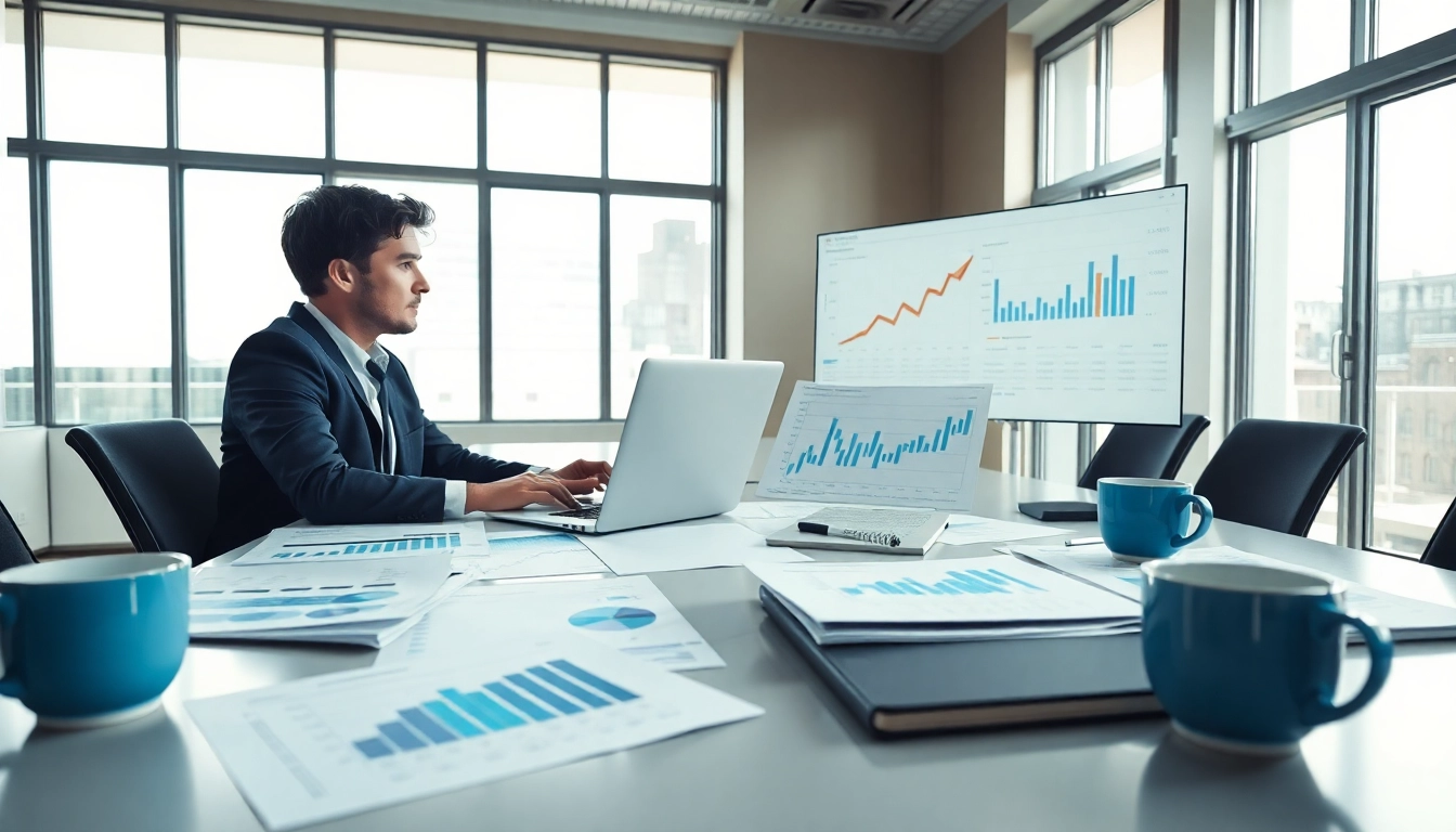 Indexfonds analysieren mit Diagrammen und Grafiken in einem modernen Büroszenario.