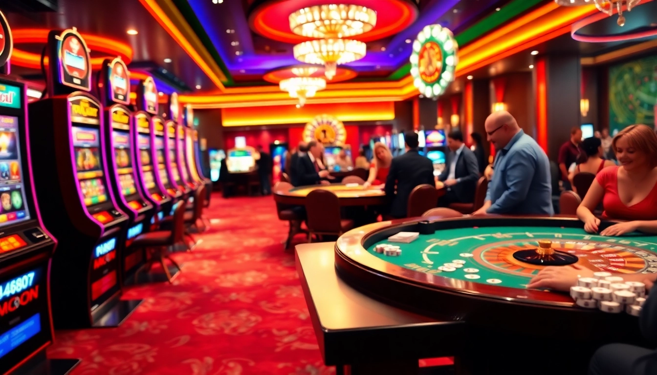 Experience thrilling moments at https://kjc.football/ with gamblers enjoying poker and slot machines.