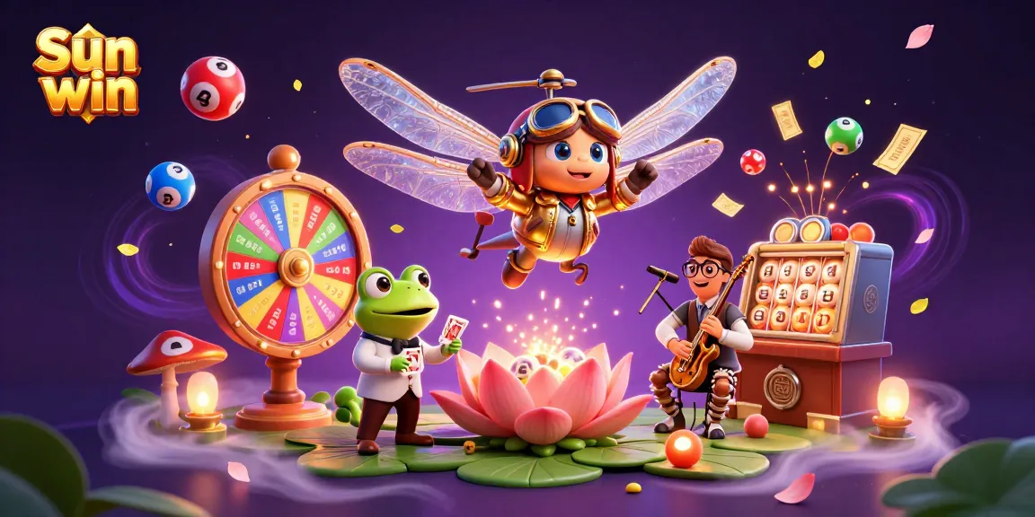 Engage with Sun win’s vibrant gaming experience featuring a dragonfly pilot and frog dealer in a lively casino.