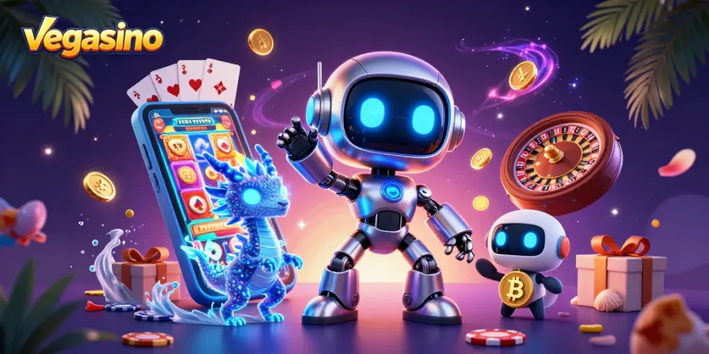 Experience the thrill of vegasino with a dynamic 3D casino gaming scene featuring exciting slot games.