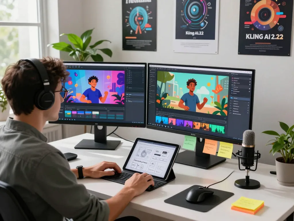 Creative workspace with a developer using Kling AI 2.22 for animated character design