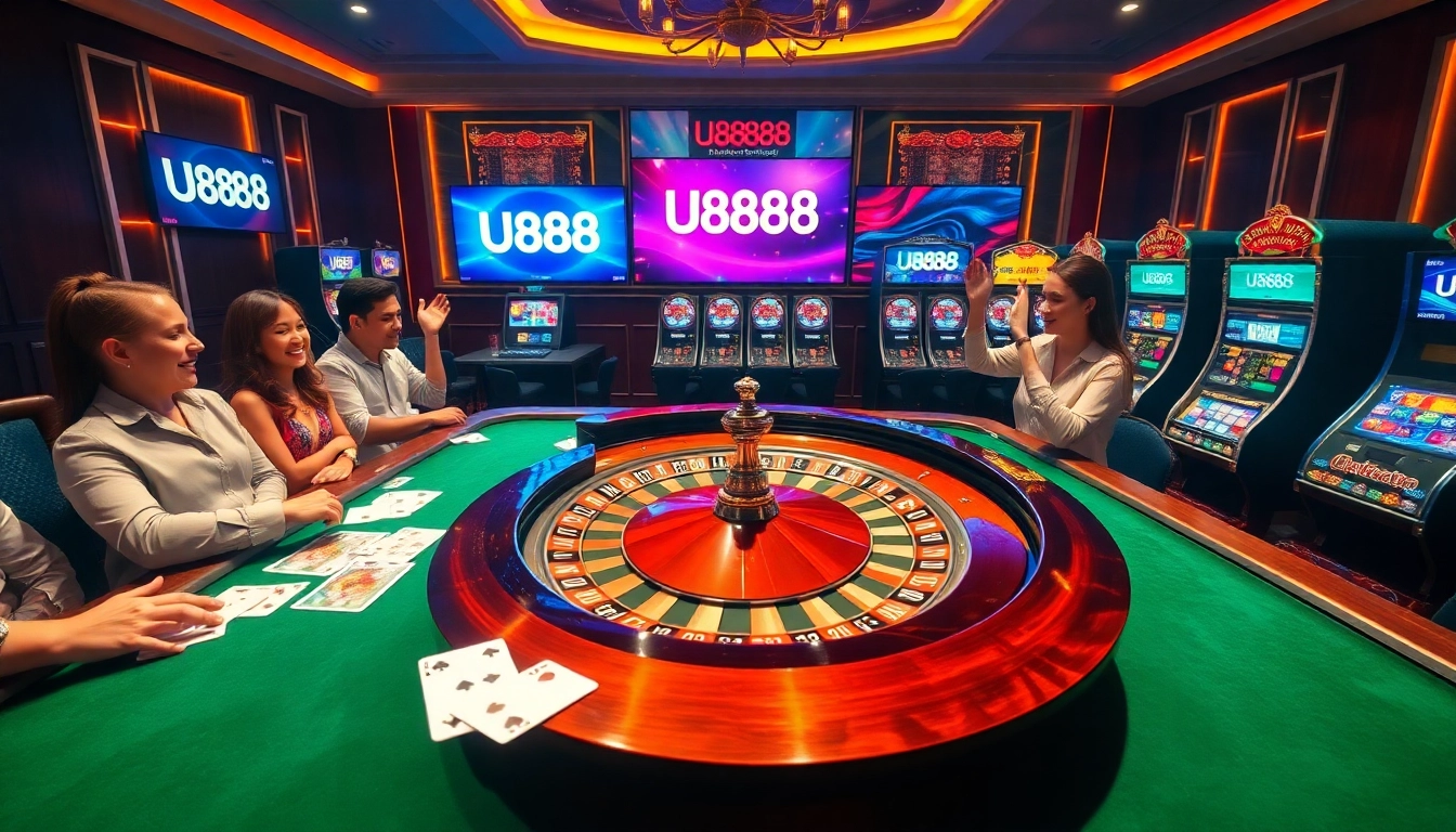 Experience high-stakes excitement with U8888 at a luxurious casino scene featuring roulette and slot machines.
