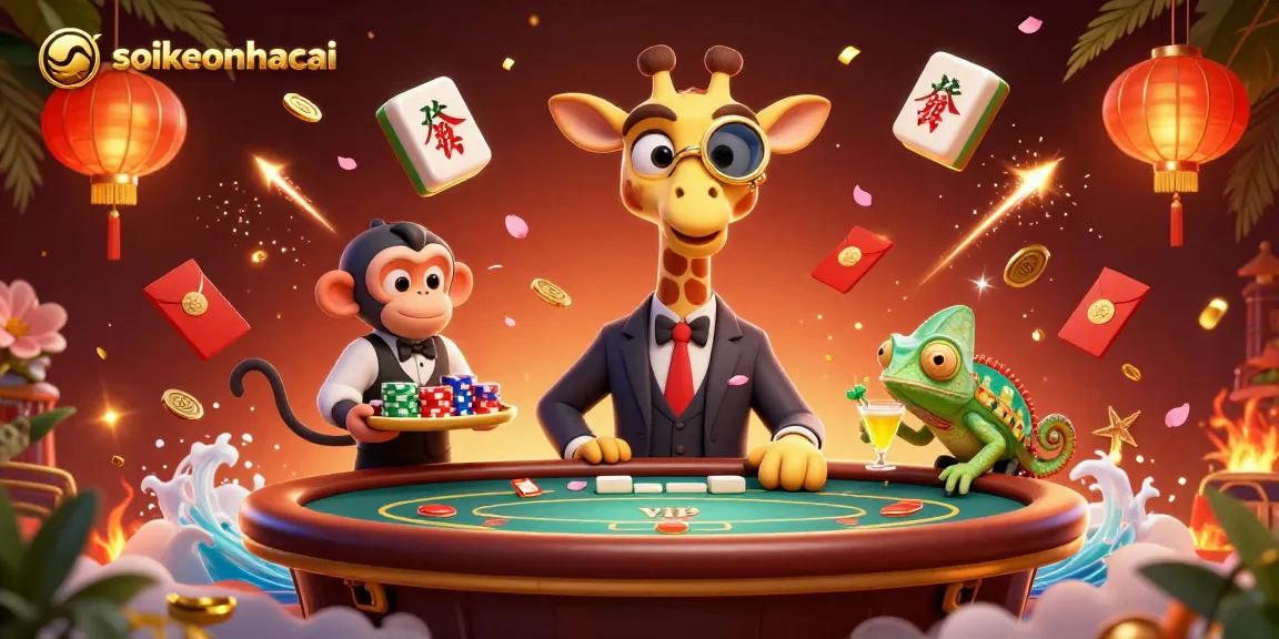 Engage in thrilling gameplay at soikeonhacai with a vibrant illustration of a high-roller giraffe and friendly casino characters.