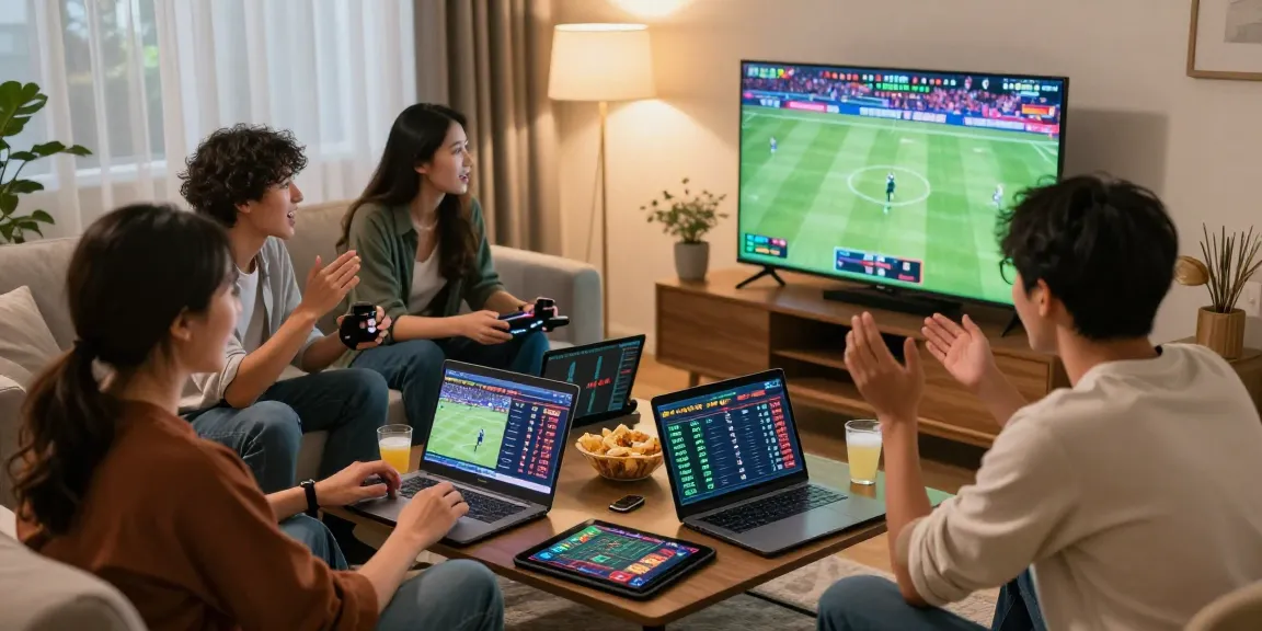 Friends enjoying an online betting session with NHÀ CÁI XN88 on display, vibrant gaming atmosphere.