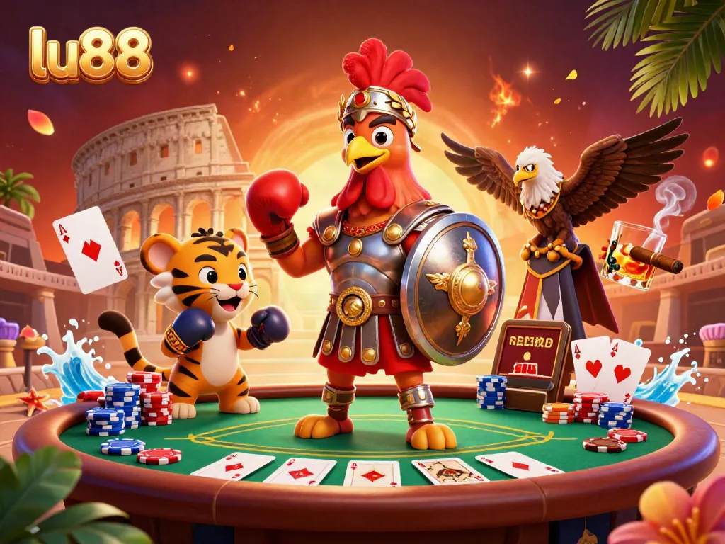 Experience thrilling gaming at LU88 featuring a gladiator rooster, poker elements, and vibrant ambiance.