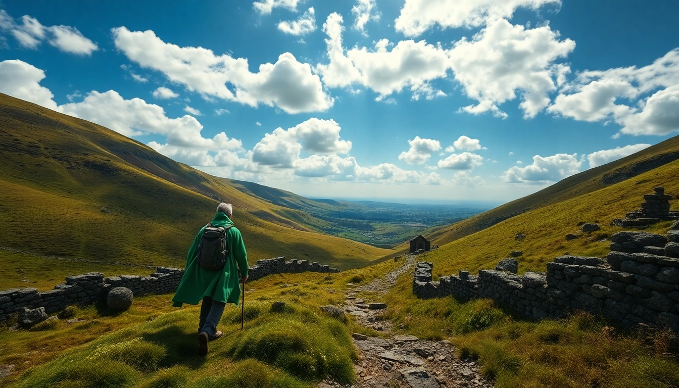 Wanderreise Irland – Hiker in lush Irish countryside with rolling hills and stone walls