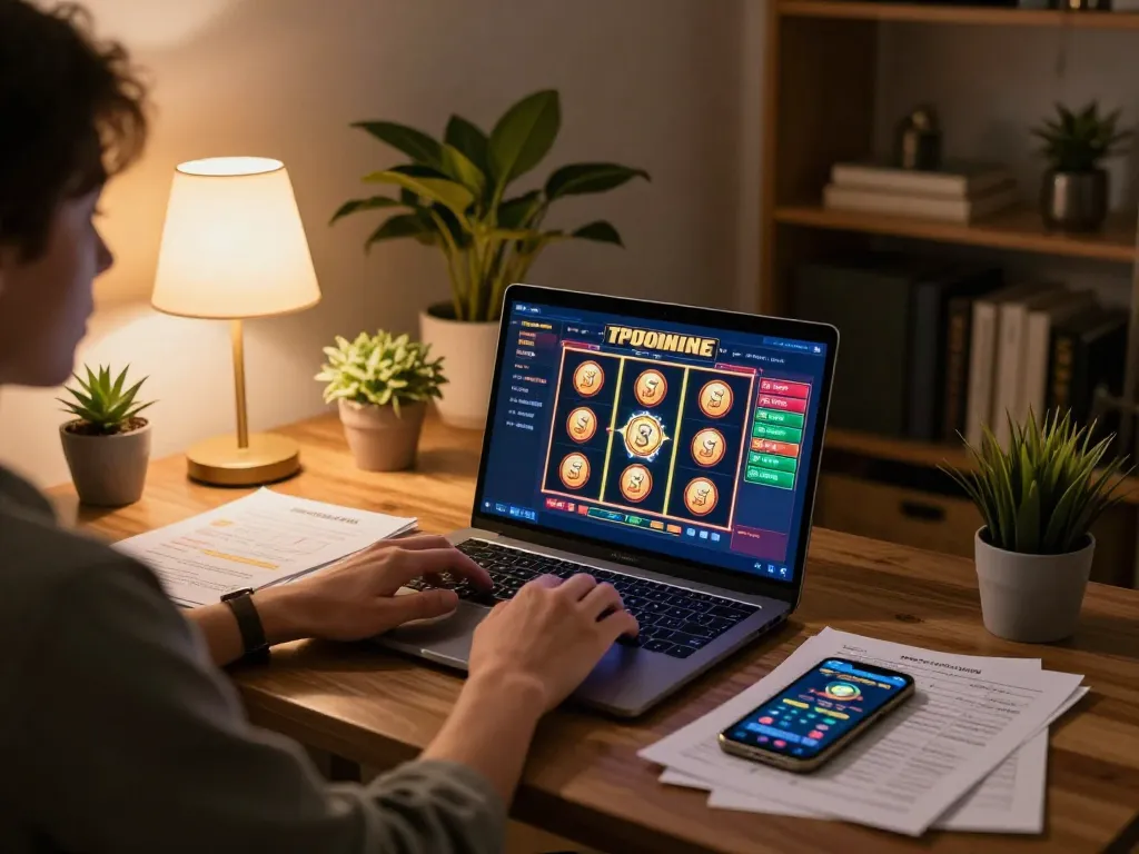 33 win gaming setup with a player enjoying an online casino on a laptop while reviewing strategy notes.