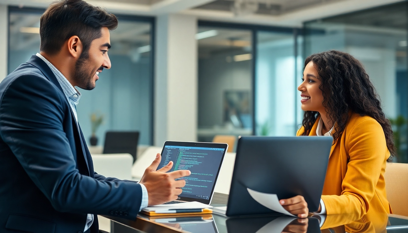 Headhunter IT in a modern office discussing with a tech candidate.