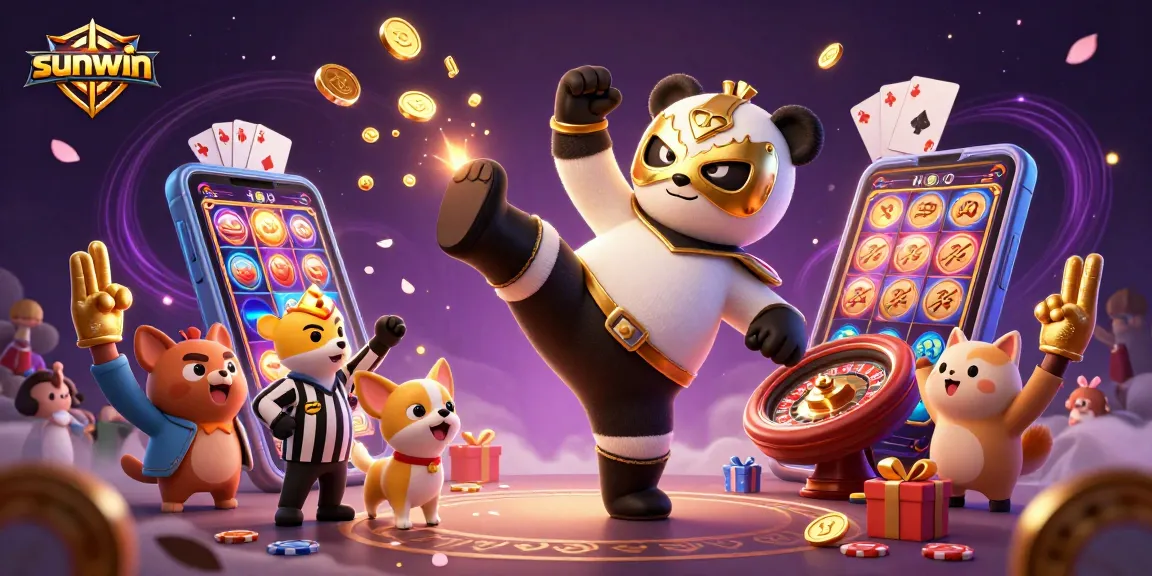 Experience thrilling gameplay with sunwin as a panda wrestler kicks off an exciting casino scene surrounded by cheery fans.