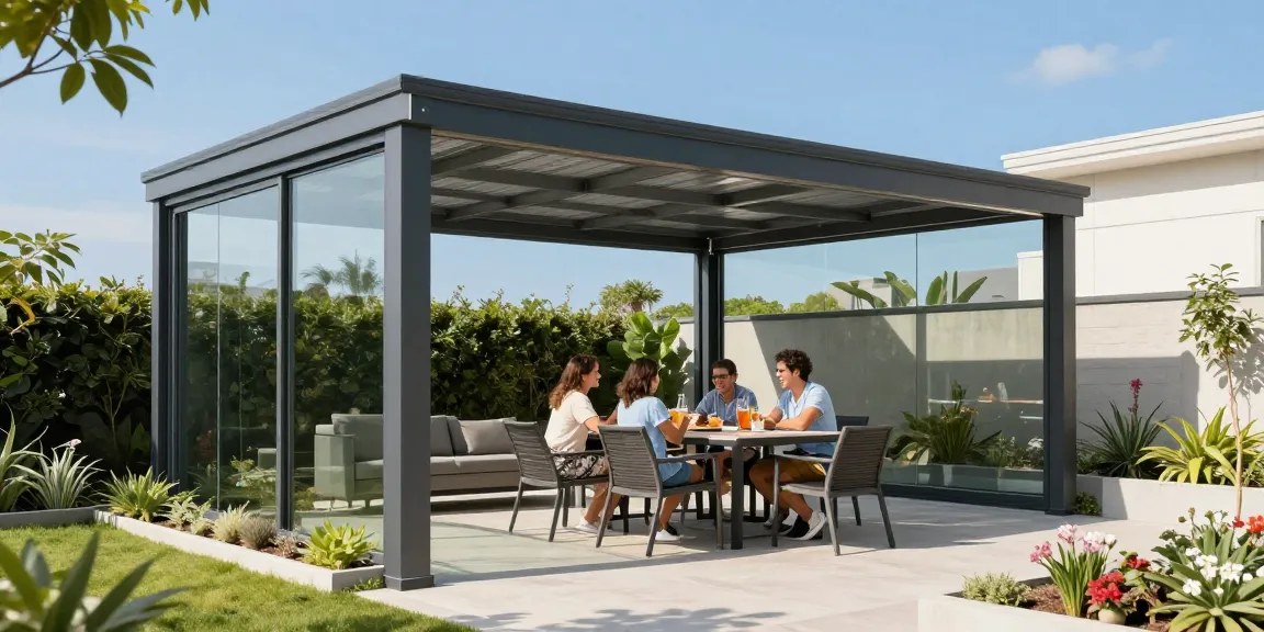 Familie unter einer Terrassenüberdachung genießt einen sonnigen Tag im Garten.