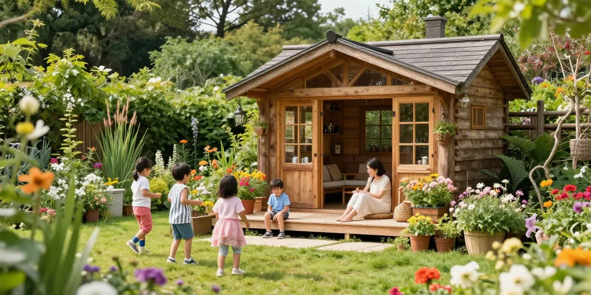 Hübsches Gartenhaus im Garten mit lebhaften Blumen und einer Familie, die draußen entspannt und spielt.