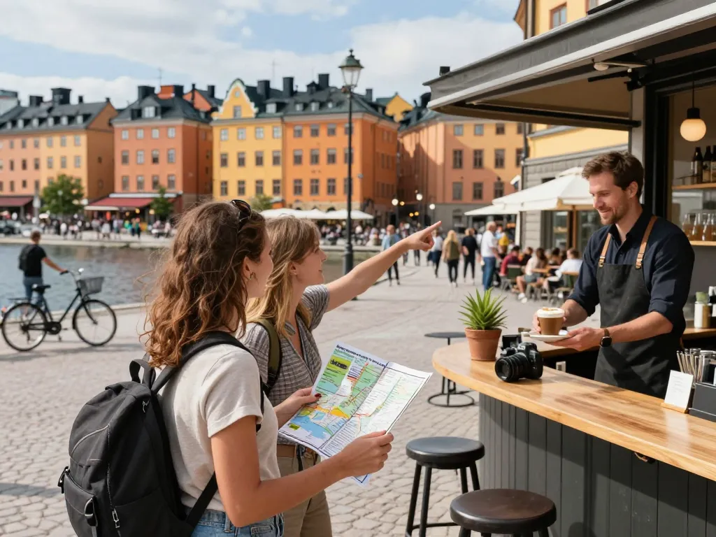 Erleben Sie Urlaub in Skandinavien durch das lebendige Stadtleben in Stockholm, das bunte Gebäude und lokale Kultur einfängt.