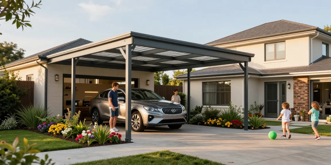 Moderner Carport schützt das Fahrzeug in einem einladenden Garten mit spielenden Kindern.