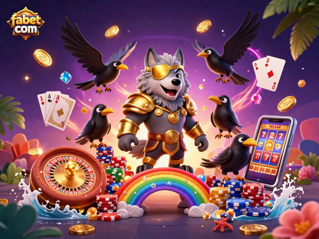 Play thrilling games with fabet com featuring Odin and his ravens on a vibrant casino-themed scene.