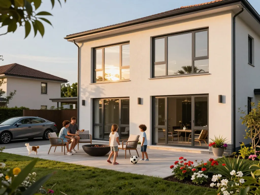 Schüco-Fenster, die die moderne Hausfassade verbessern, während die Familie im Freien Aktivitäten genießt.