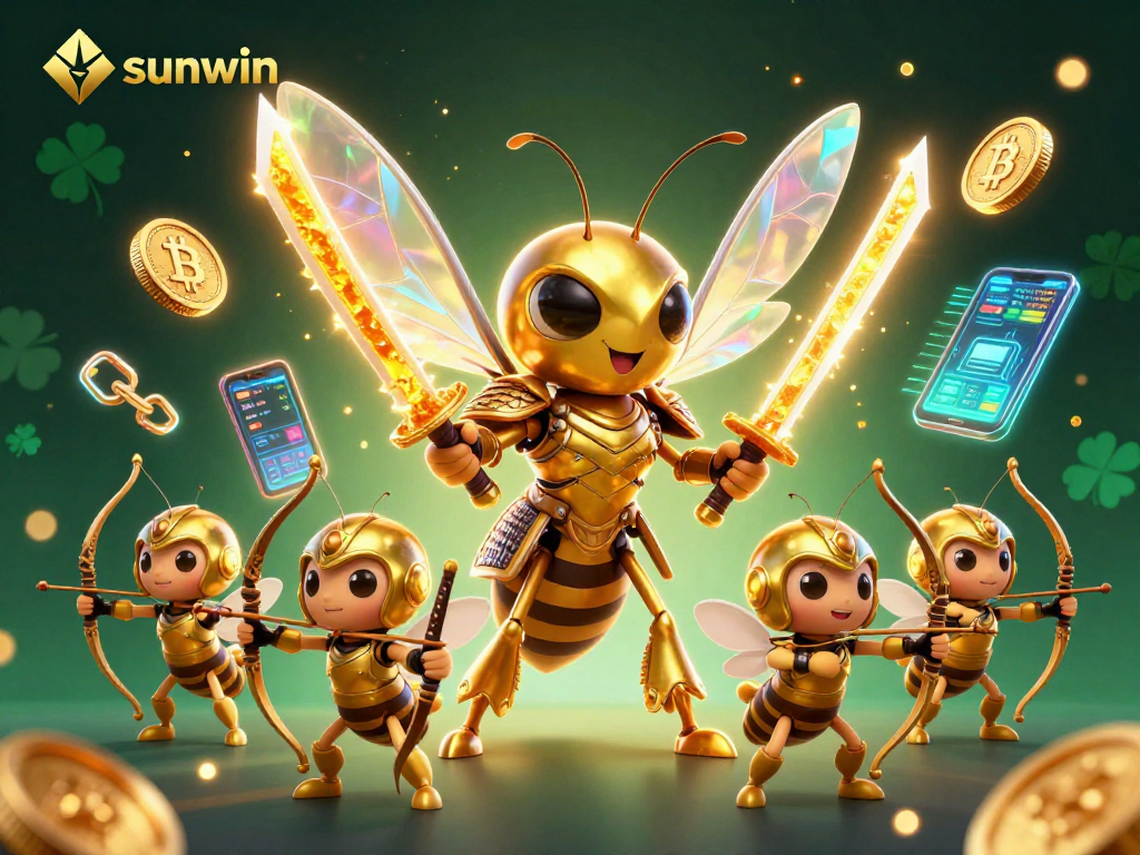 Win big with sunwin through an enchanting 3D casino scene showcasing crypto coins and vibrant samurai bees.