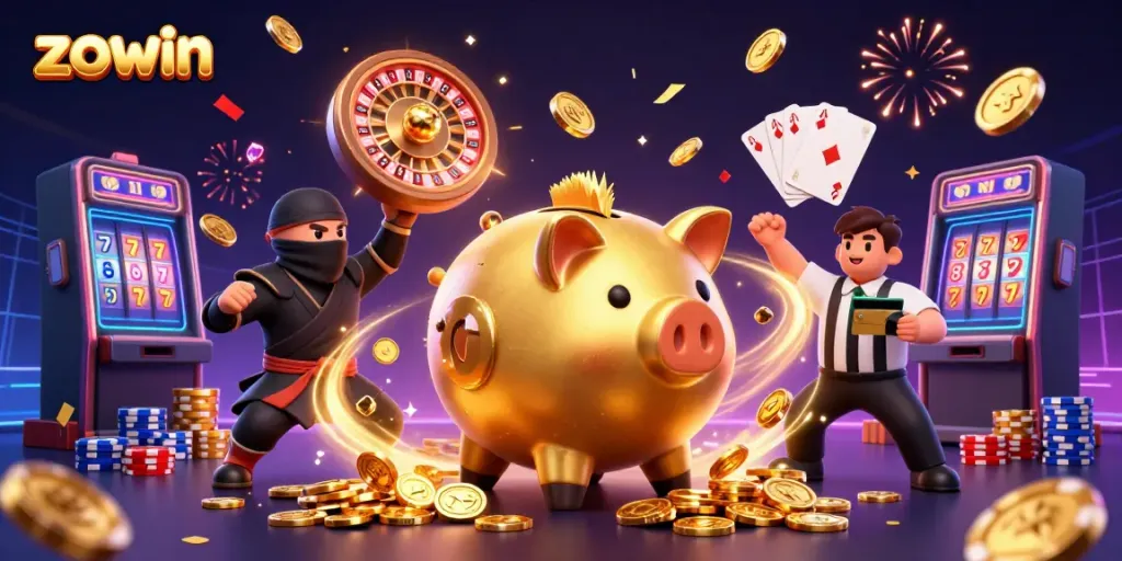 Zowin features a dynamic casino scene showcasing vibrant characters celebrating wins with coins and cards.