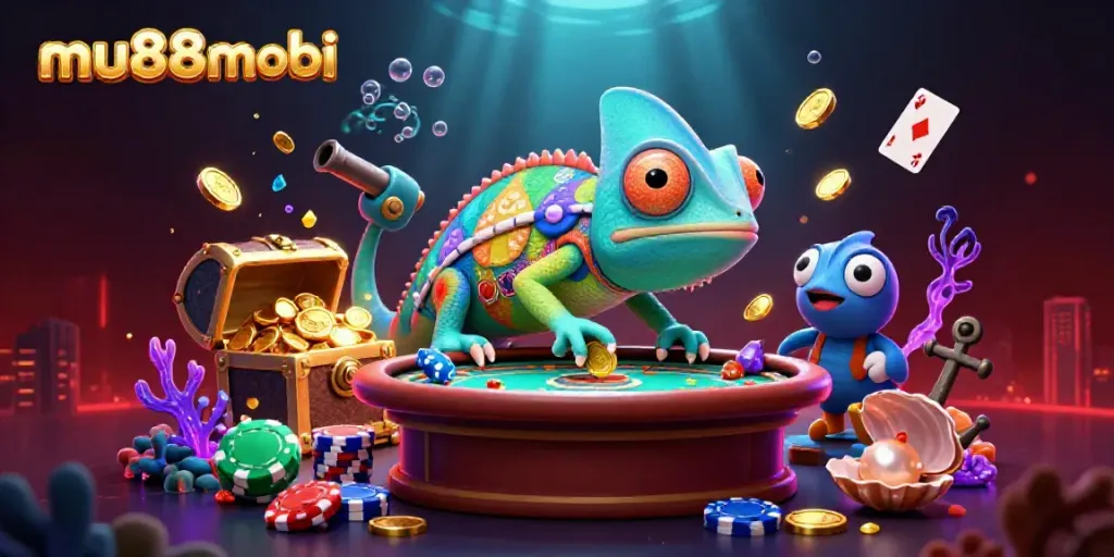 Capture the thrilling excitement of mu88mobi casino with a colorful 3D chameleon character and vivid game elements.