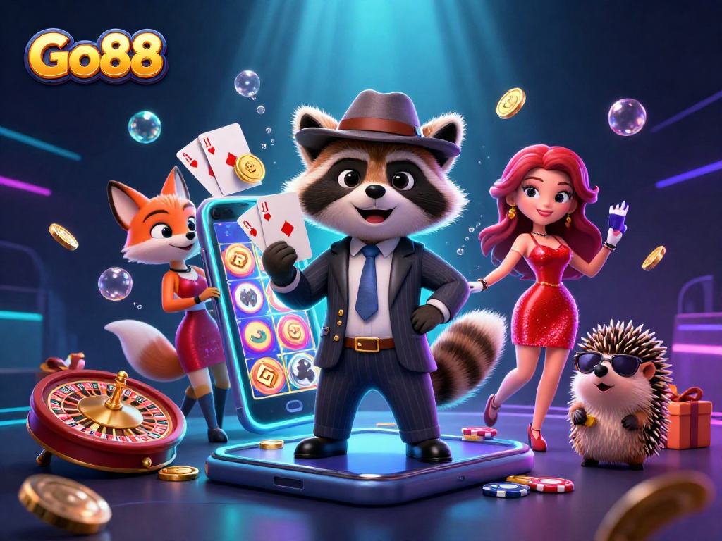 Experience the thrill of Go88's gaming world with a charming raccoon, fox, and hedgehog in a vibrant casino scene.