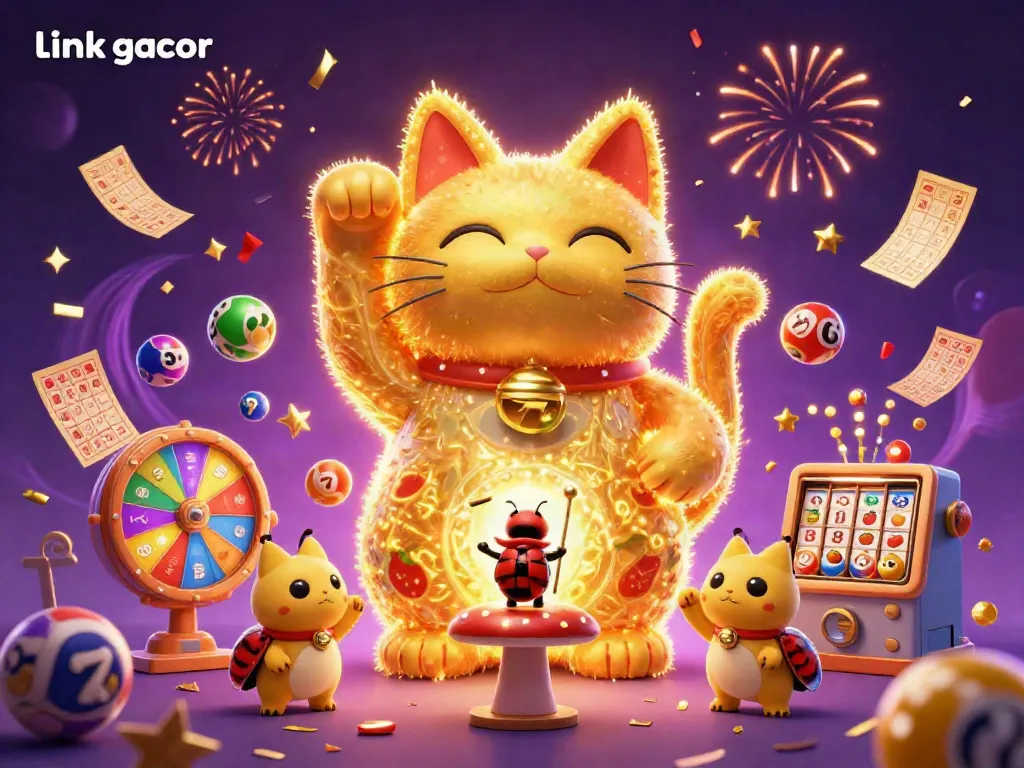 Engage with link gacor's vibrant slot gaming scene featuring a giant lucky cat and dynamic casino elements.