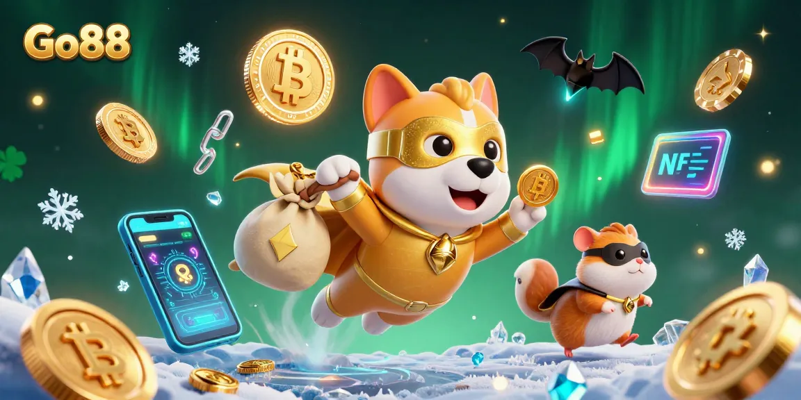Experience the thrilling world of Go88 with dynamic casino elements, including flying coins and a superhero dog delivering excitement.