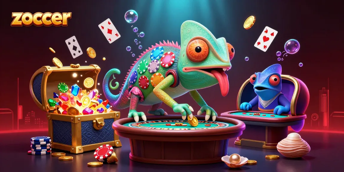 Experience the excitement of Zoccer as the colorful casino chameleon delights with golden coins.