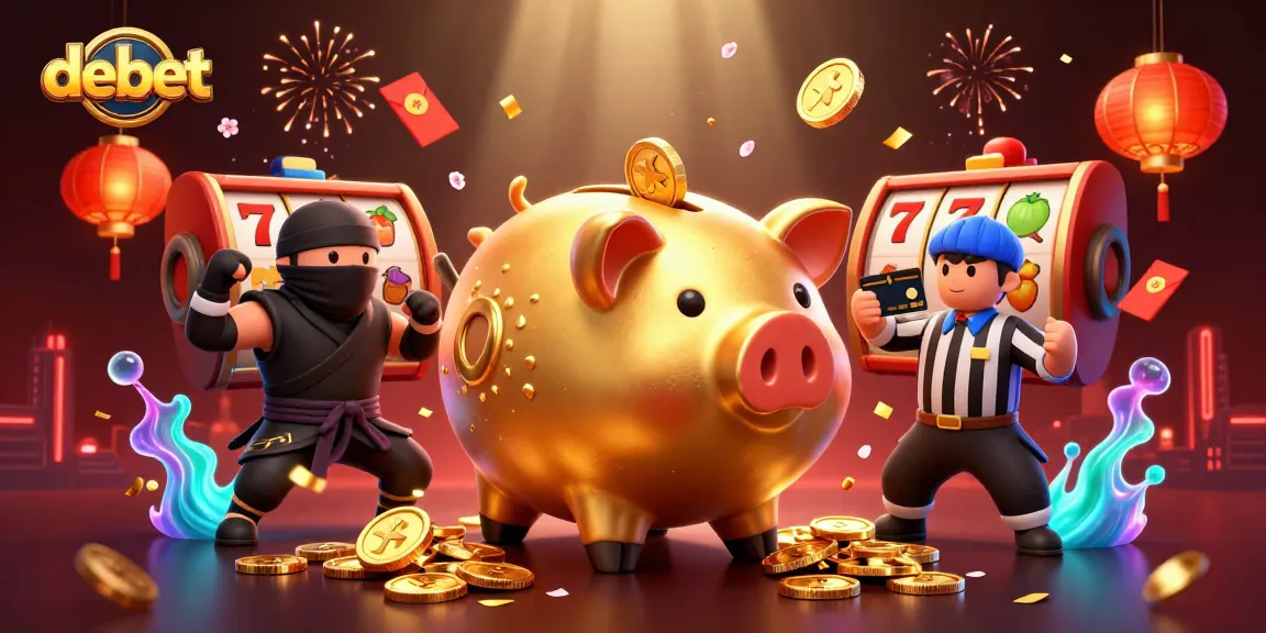 Engage with debet in a vibrant 3D casino scene featuring a golden piggy bank sumo wrestler.