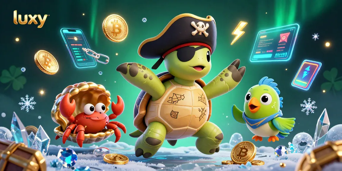 Engage in luxy gaming adventures with a 3D pirate turtle and shimmering treasures.