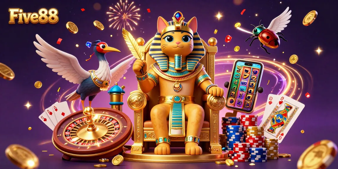 Engage with Five88's vibrant casino atmosphere with pharaoh cat and ibises amidst gold coins.